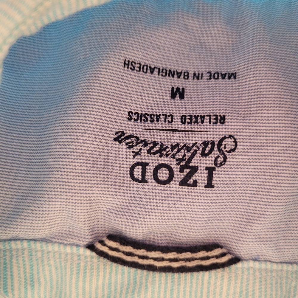 IZOD Saltwater Blue And White Pinstripe Short Sleeve Cotton Button Up Size M - Picture 4 of 7
